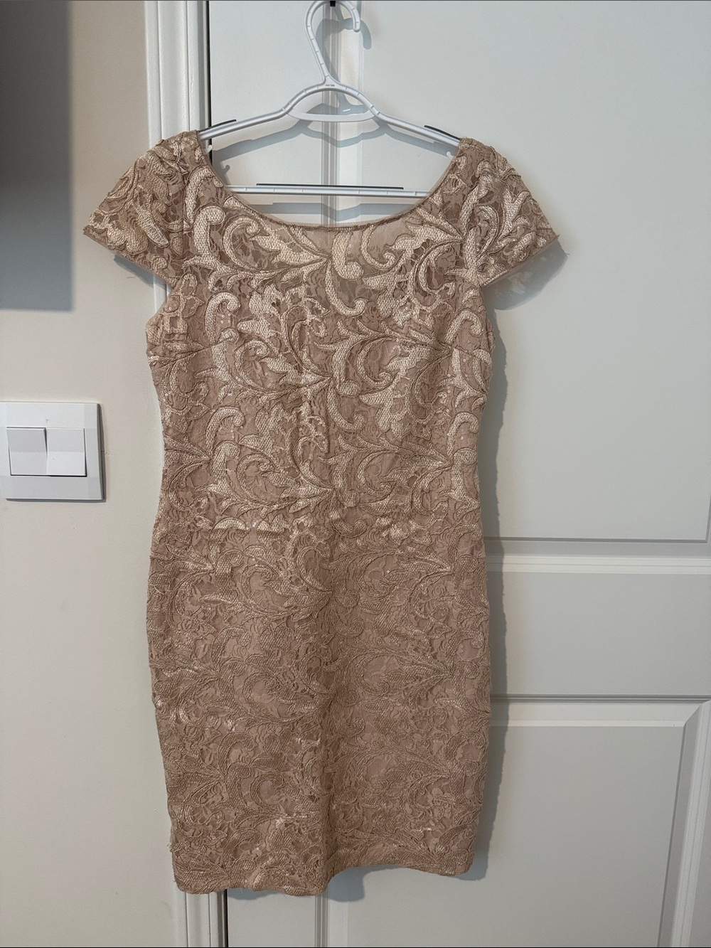 Calvin Klein Lace Sheath Midi Dress in Champagne Beige